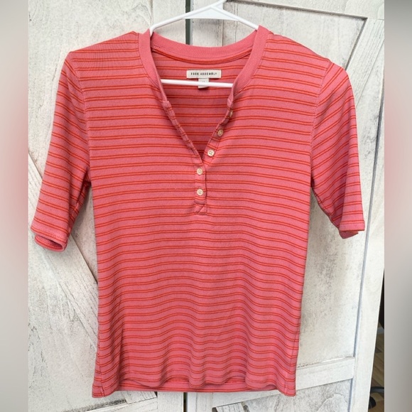 Free Assembly Striped Ribbed Henley Top Women’s Medium Pink Short Sleeve Y2K - Picture 1 of 7